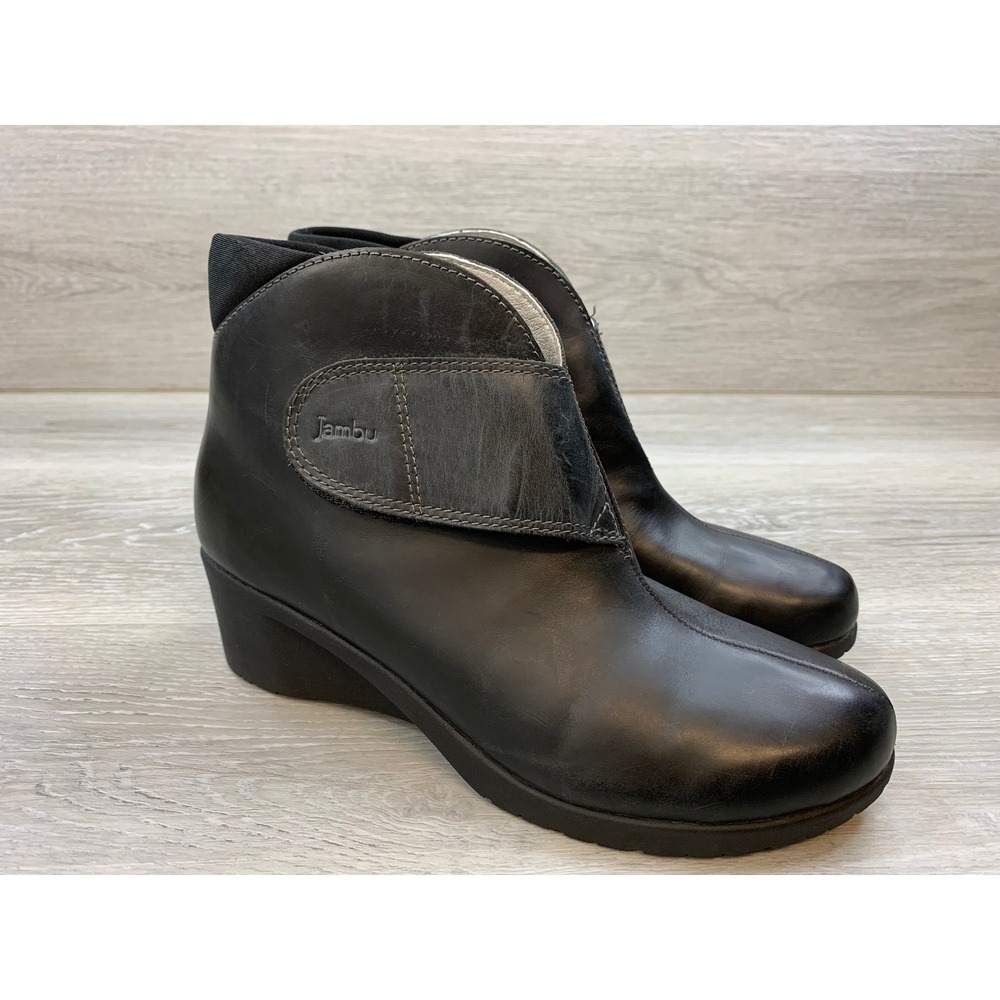Jambu Perla Women's Black Leather Sport Wedge Ankle Boots Faux Fur 7.5 Shoes